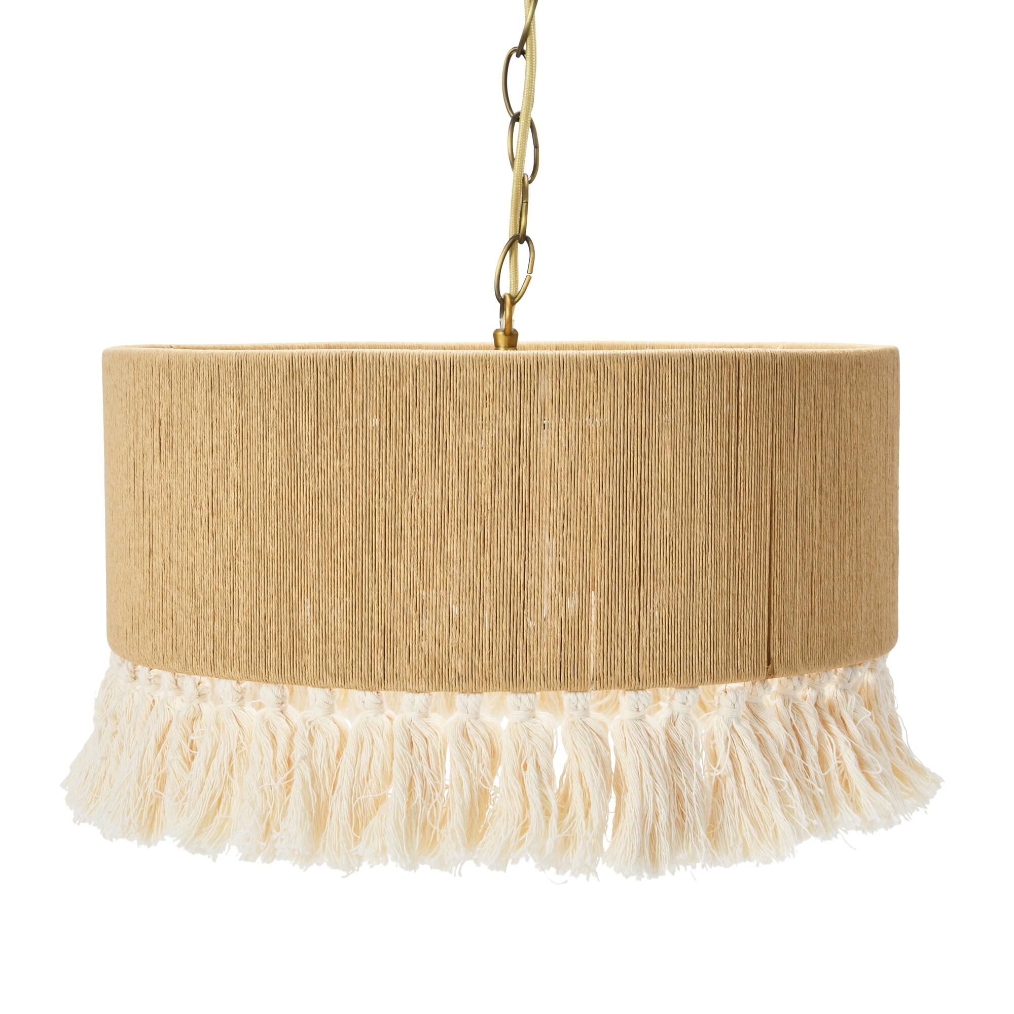 Hello Honey® 16" Brown Coastal Pendant Lamp with Natural Paper Rope Shade, Fringe Detail and Iron Base